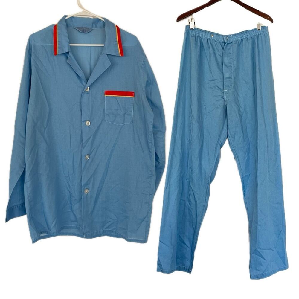 Vintage Men's Pajamas Light Blue with Red and Yellow Accents JcPenney Mens Store